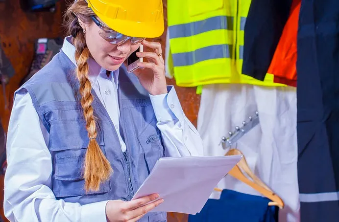 Engineer reviewing plans while wearing site safety equipment