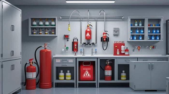 Fire safety equipment arranged on a display wall