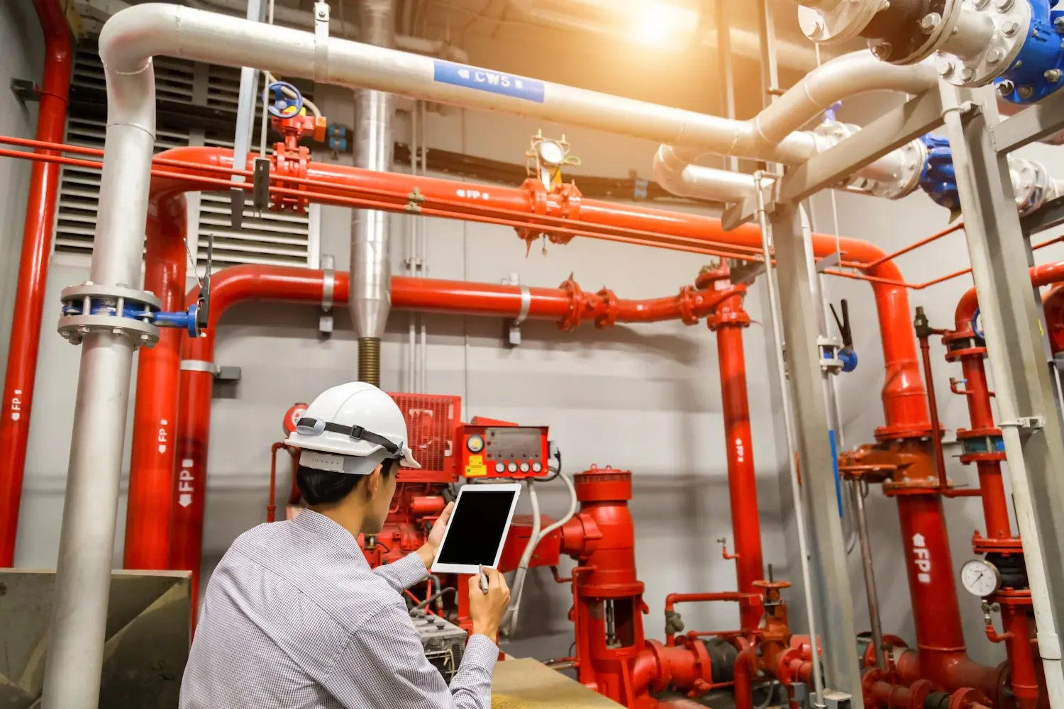 Technician inspecting a fire protection pipe system