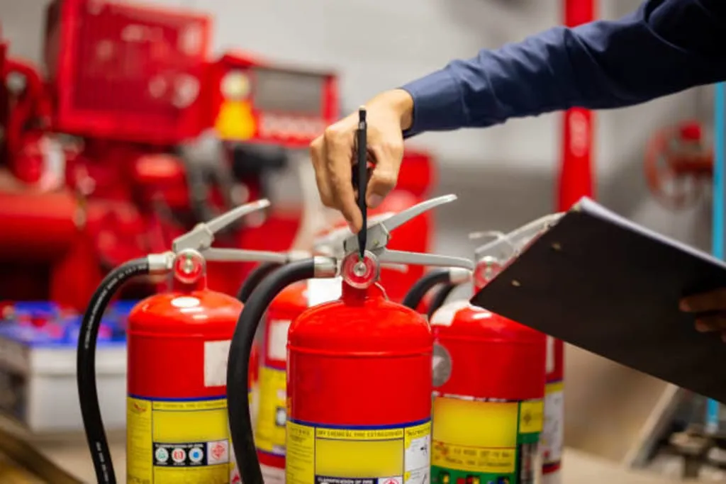 Person inspecting portable fire extinguishers